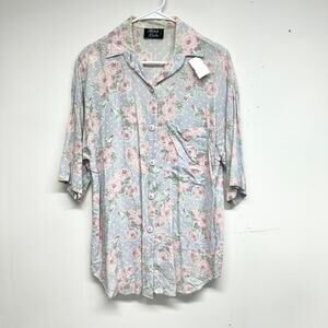 Vintage 90s Michelle Leslie Blue Floral Short Sleeve Oversized Women's Shirt  LG